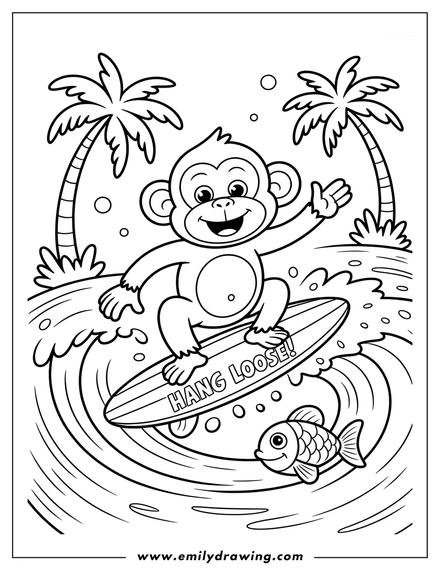 Outline of a monkey surfing a wave between two palm trees with a fish swimming nearby.