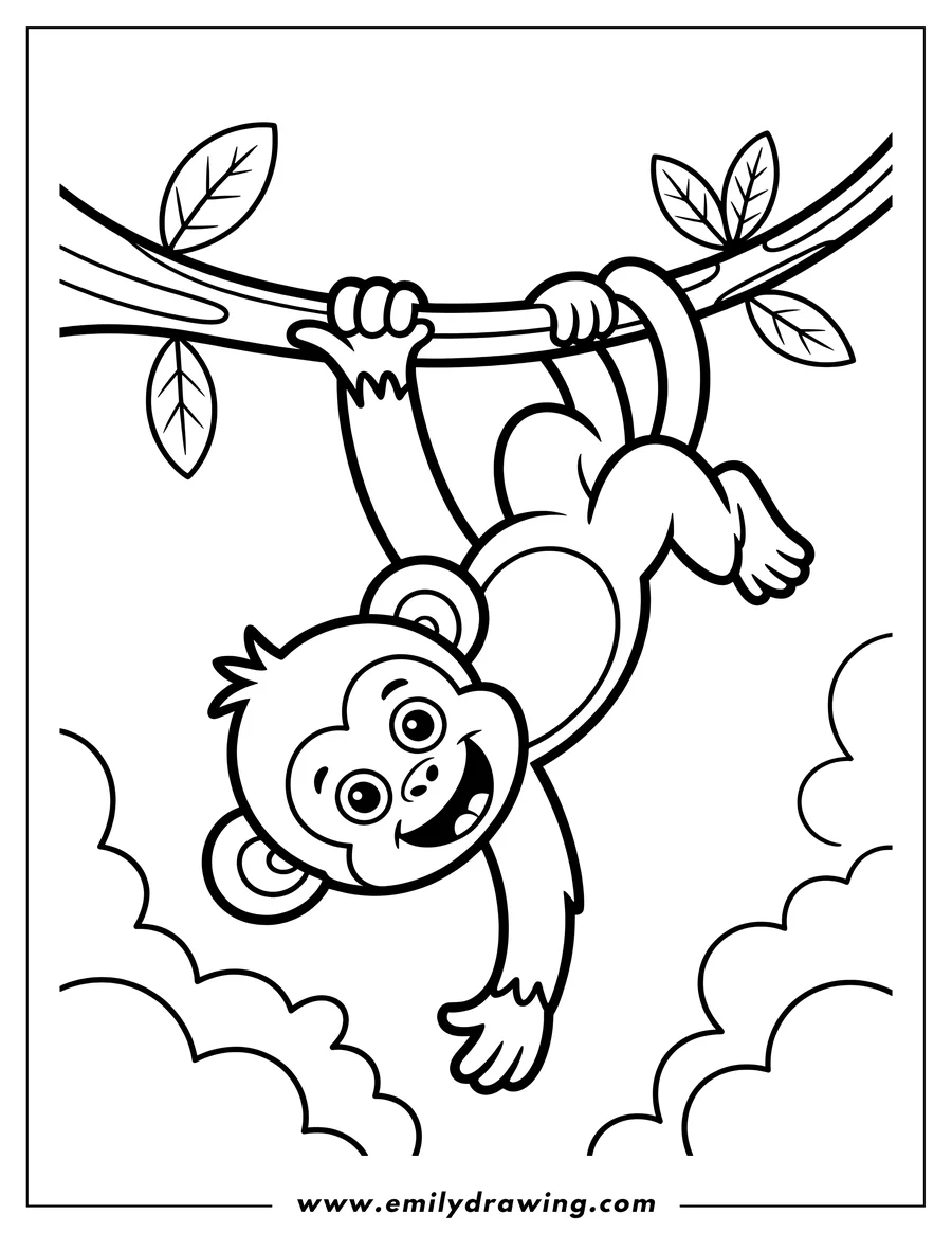 Outline of a cheerful monkey swinging upside down from a tree branch, with fluffy clouds in the background.