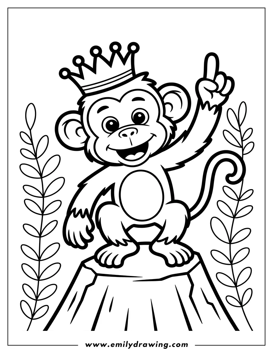 Outline of a monkey wearing a crown and pointing upwards, standing on a rock.