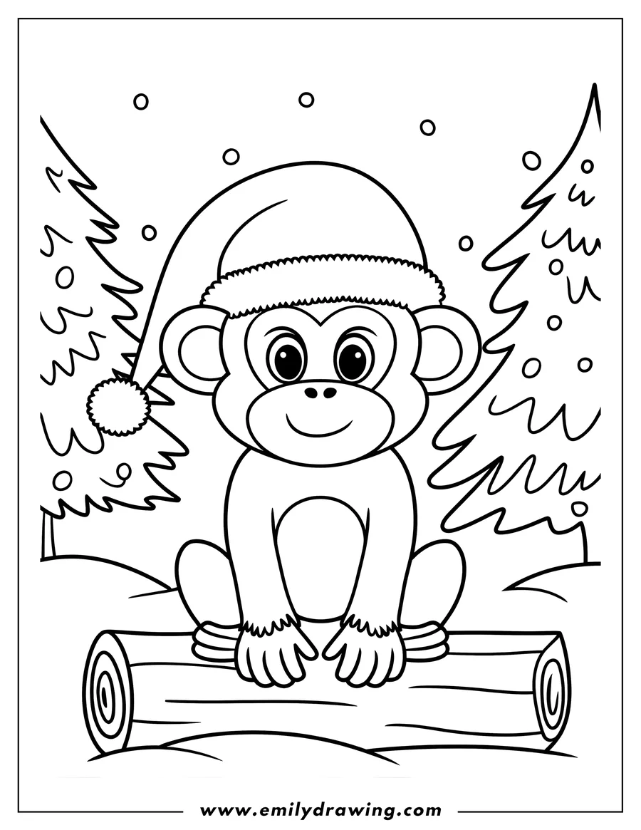 Outline of a monkey wearing a Santa hat and sitting on a log in a snowy forest setting.