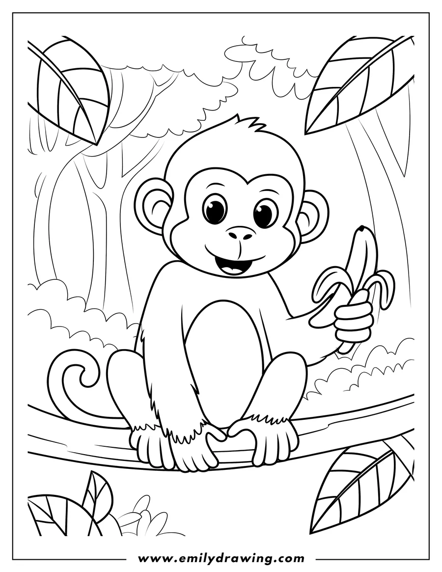 Outline of a monkey sitting on a tree branch, holding a peeled banana.