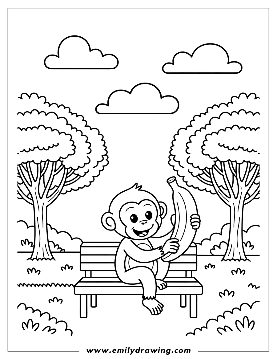 Outline of a monkey sitting on a park bench holding a banana.