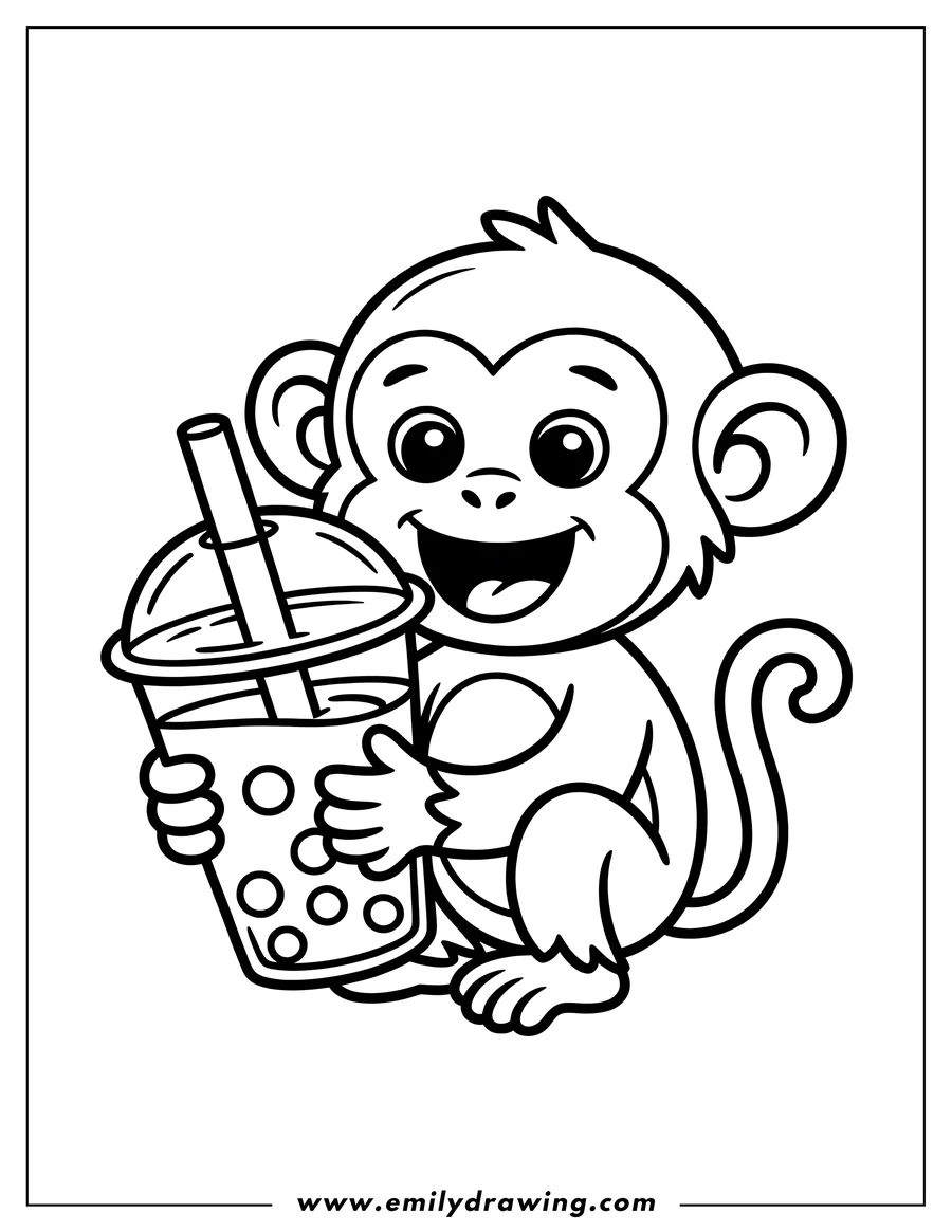 Outline of a cheerful monkey holding a large boba drink with a straw and tapioca pearls.