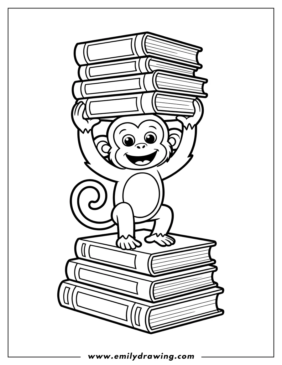 Outline of a monkey holding a stack of books above its head while standing on another stack of books.