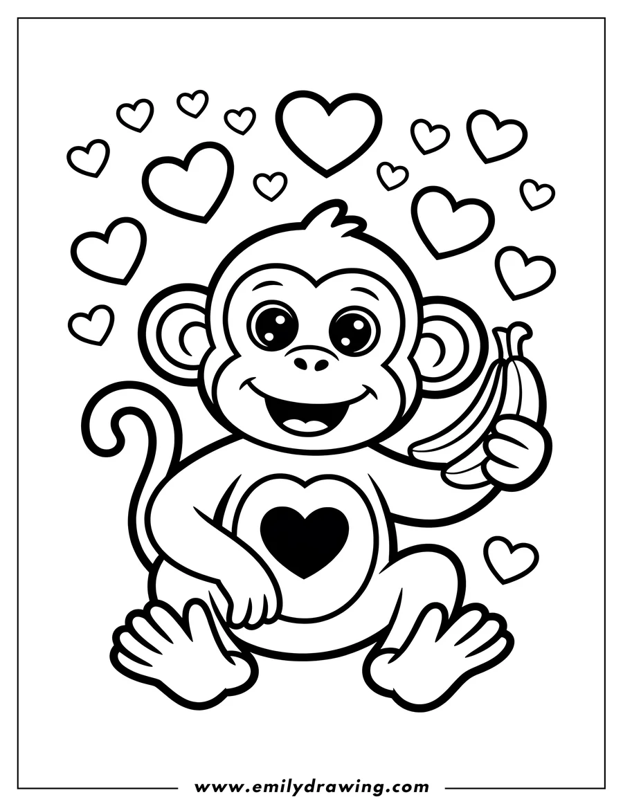 Outline of a cheerful monkey holding a banana and with a heart shape on its belly, surrounded by floating hearts.