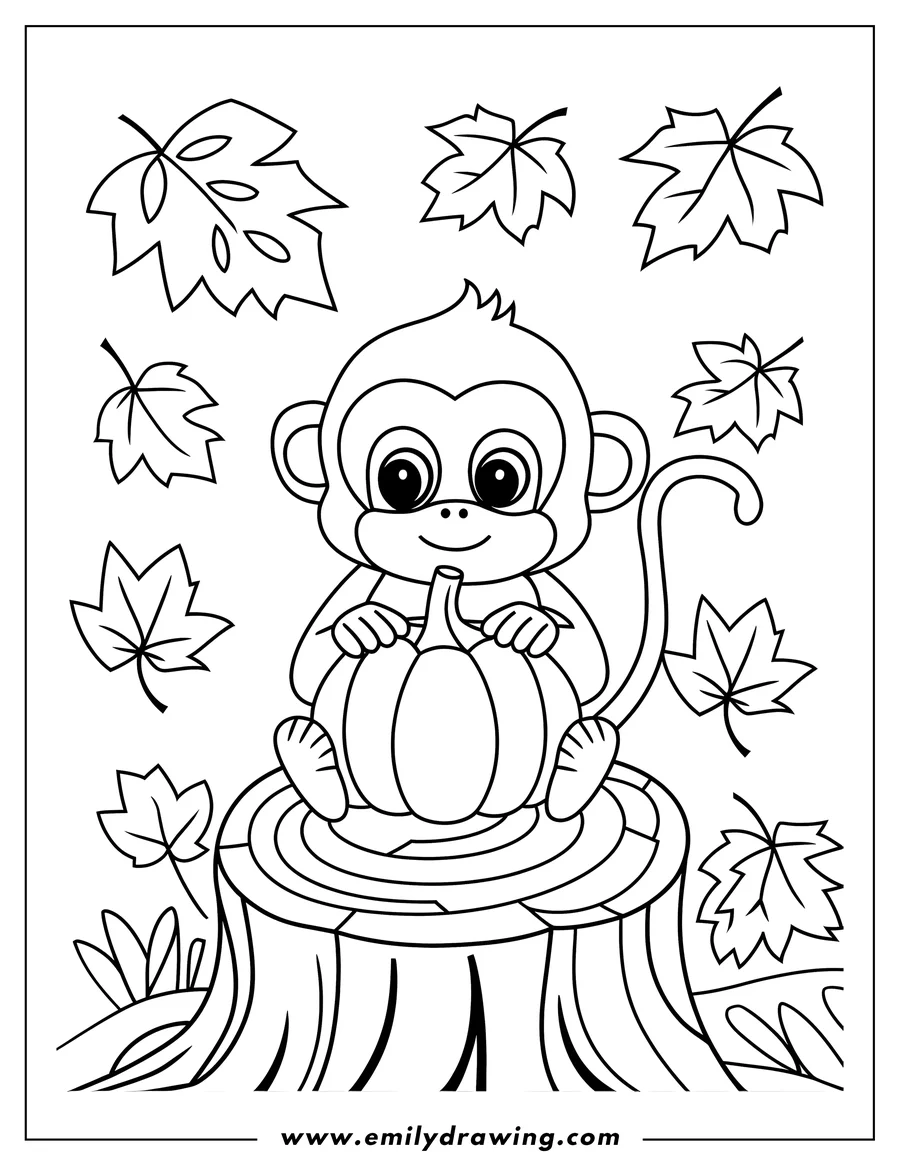 Outline of a monkey sitting on a tree stump, holding a pumpkin, surrounded by falling autumn leaves.
