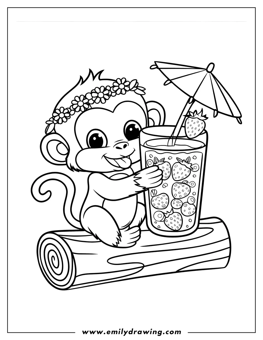 Outline of a monkey wearing a flower crown and sitting on a log, holding a glass with strawberries and an umbrella