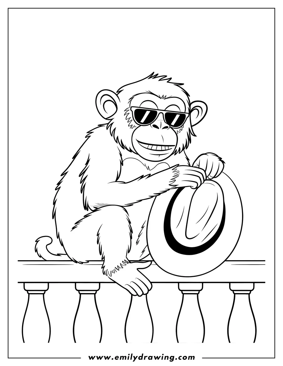 Outline of a monkey wearing sunglasses and holding a hat, perched on a railing.