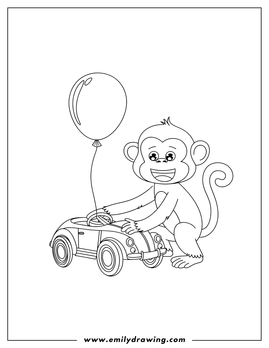 Line art of a monkey with a toy car and a balloon. The monkey is smiling and appears ready to play.