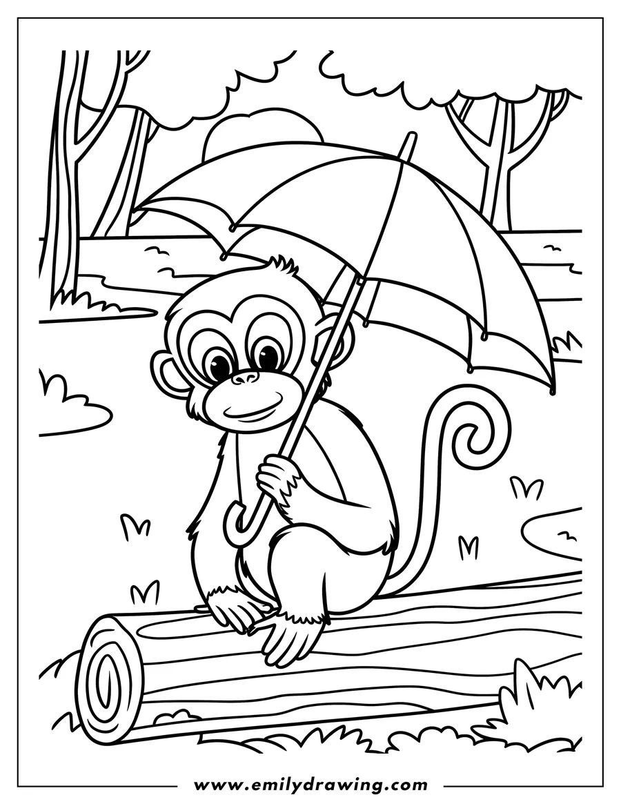 Outline of a monkey sitting on a log, holding an umbrella in a simple forest setting.