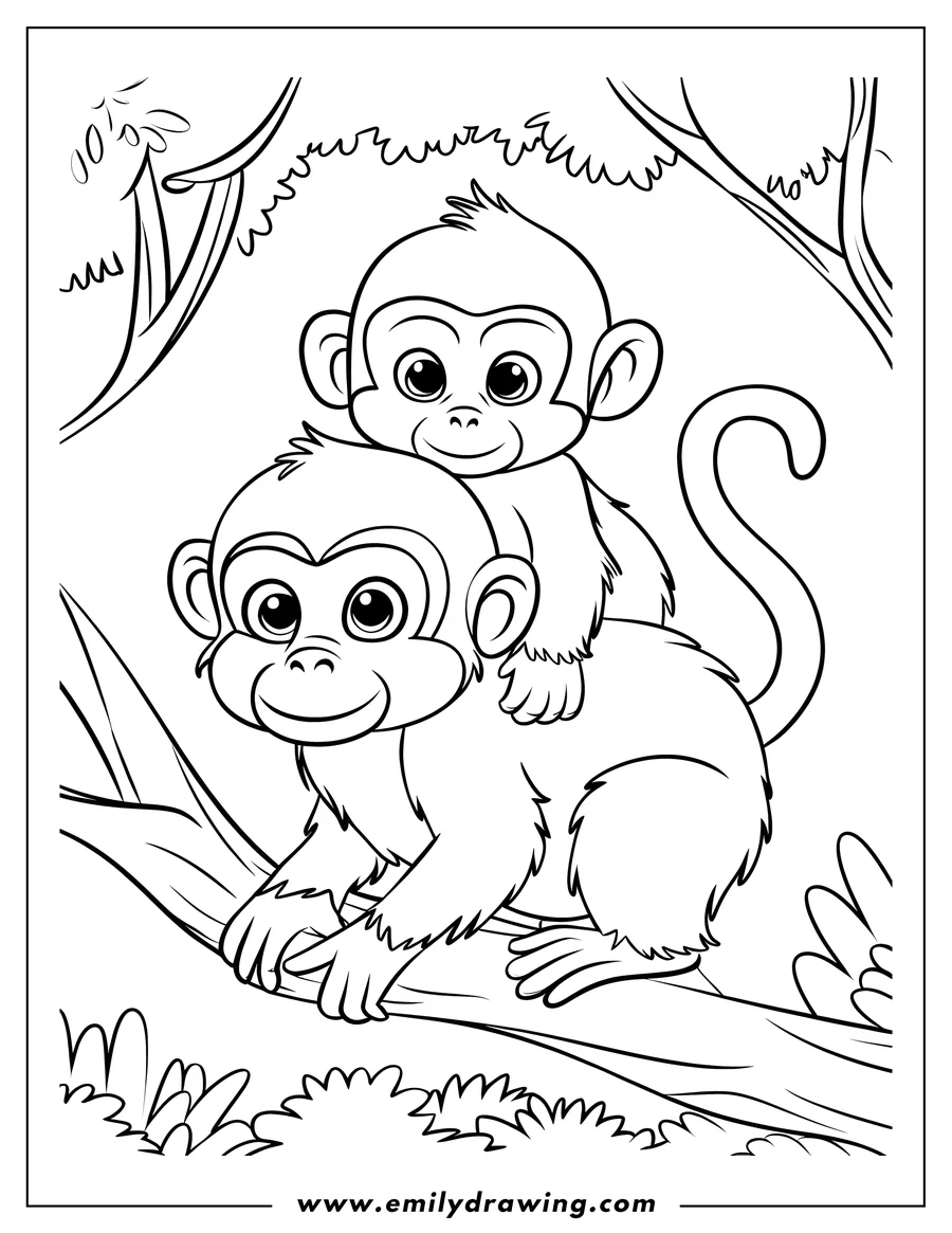 Outline of two young monkeys sitting on a tree branch in a jungle setting.