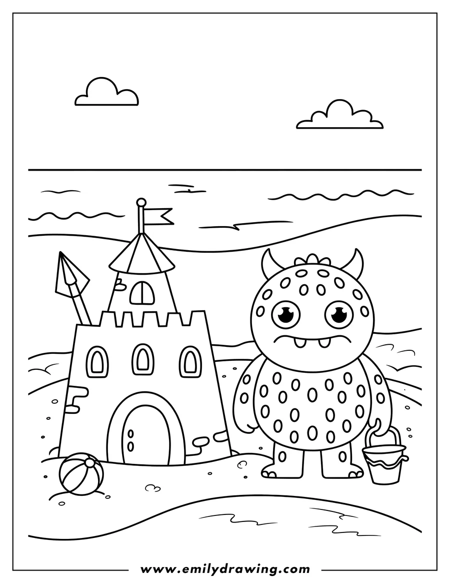 Line art of a friendly monster with a bucket standing next to a sandcastle on the beach. A beach ball, ocean waves, and clouds are visible.