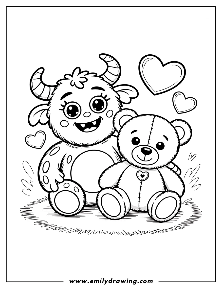 Outline of a friendly monster with horns and a flower on its head, hugging a teddy bear. Several hearts float around them.