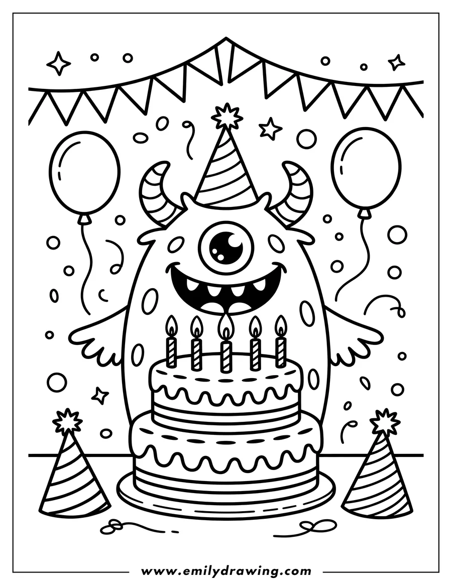 Line art of a one-eyed monster wearing a party hat and standing behind a two-tiered birthday cake with lit candles. Balloons, party hats, and festive decorations fill the background.