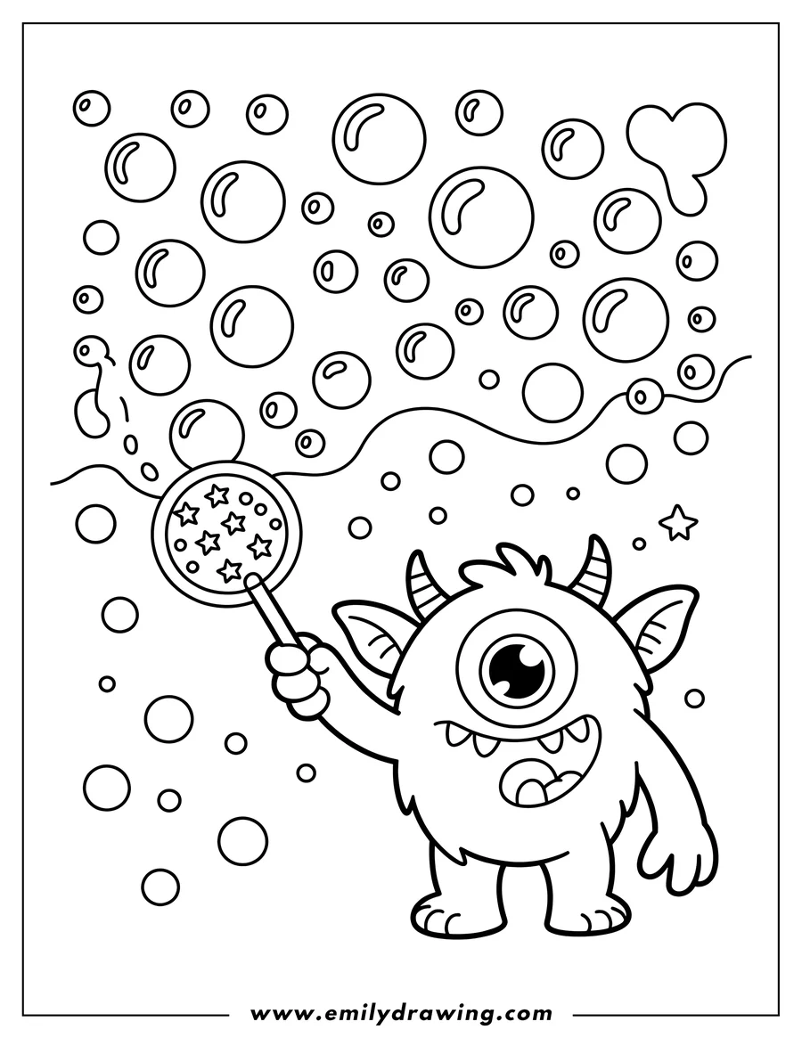 Line art of a one-eyed monster blowing bubbles with a star-shaped wand. Many bubbles are floating around it.