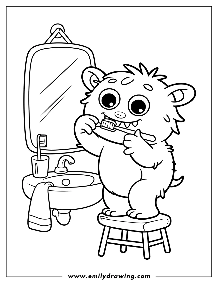 Outline of a friendly monster standing on a stool, brushing its teeth in front of a bathroom sink and mirror.