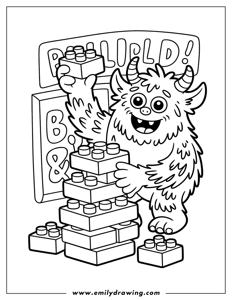 Line art of a friendly monster building a tower with colorful blocks. The monster has striped horns and a wide, happy smile.