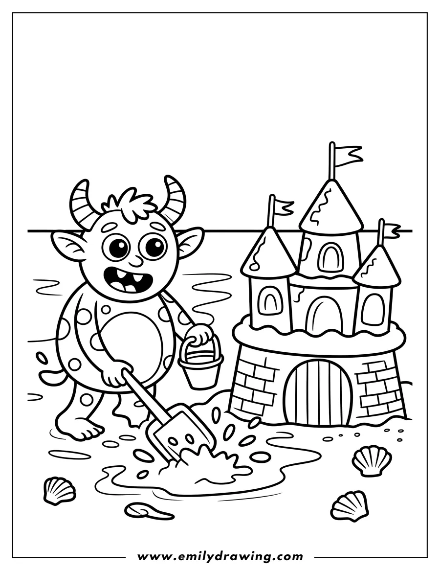 Outline of a friendly monster with horns and spots building a sandcastle with flags on the beach, using a shovel and pail, with seashells scattered around.