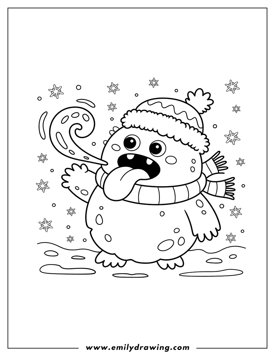 Line art of a playful monster trying to catch snowflakes on its tongue. It's wearing a winter hat and scarf.