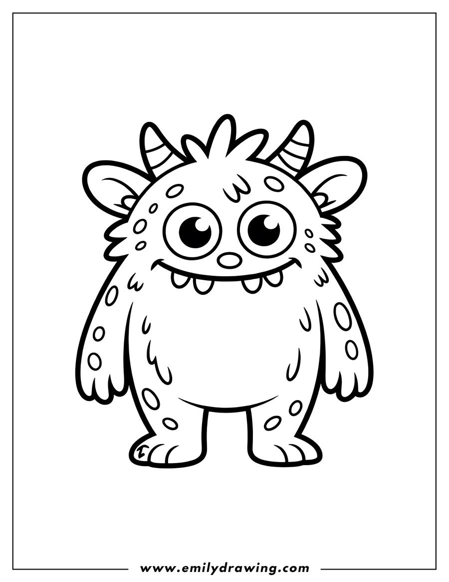Line art of a friendly, fluffy monster with large eyes, small horns, and a smiling face.
