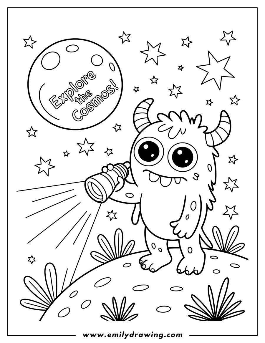 Outline of a friendly monster exploring a cratered planet surface with a flashlight, shining it into the distance. Stars and a larger planet are visible in the background.
