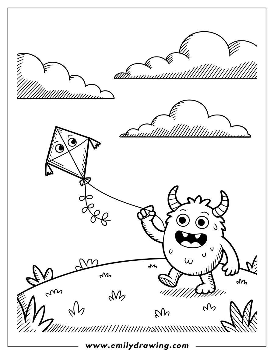 Line art of a friendly monster with horns flying a kite on a grassy hill.  The kite has large, surprised-looking eyes. Puffy clouds float overhead.