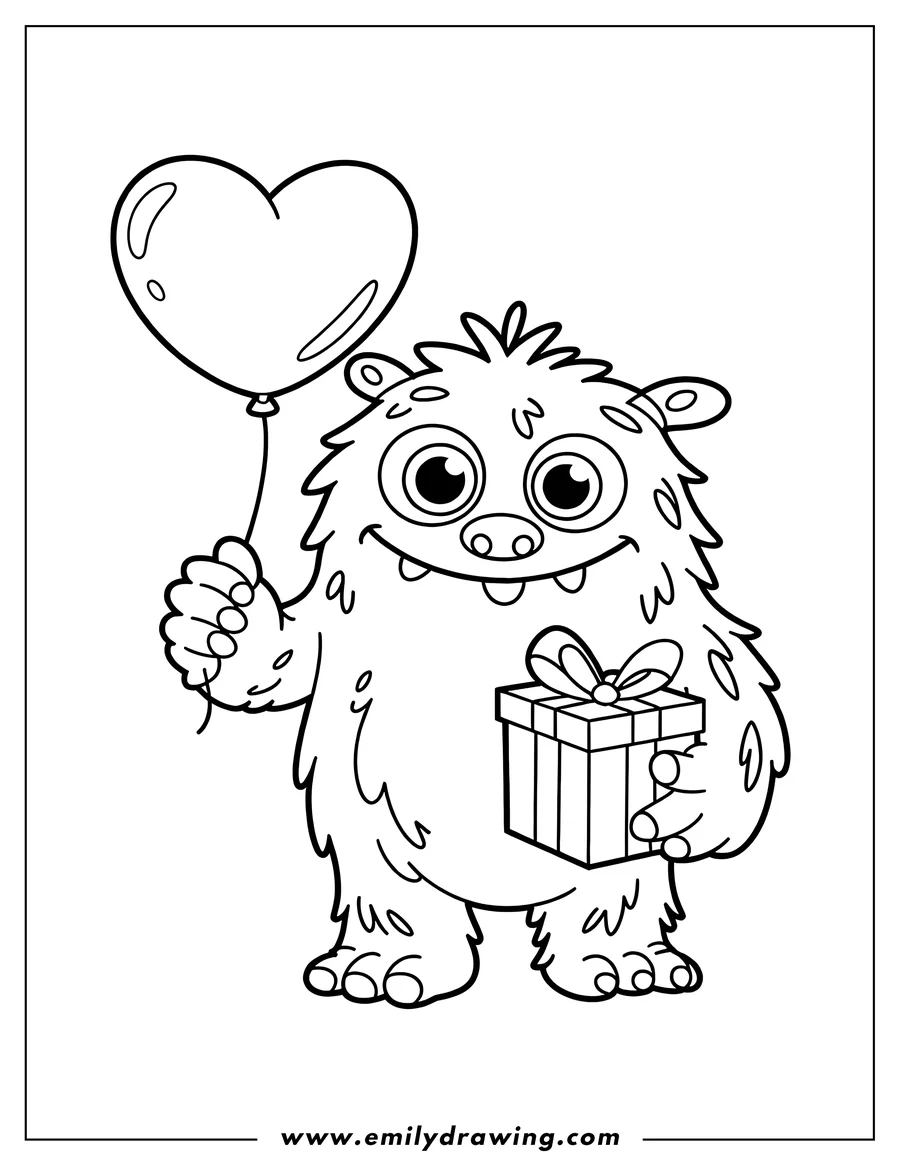Line art of a friendly monster holding a heart-shaped balloon and a gift.