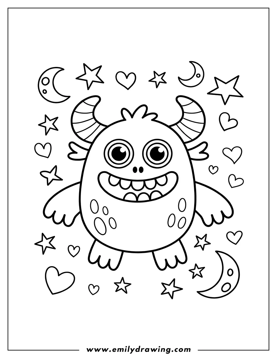 Line art of a friendly monster surrounded by hearts and stars.