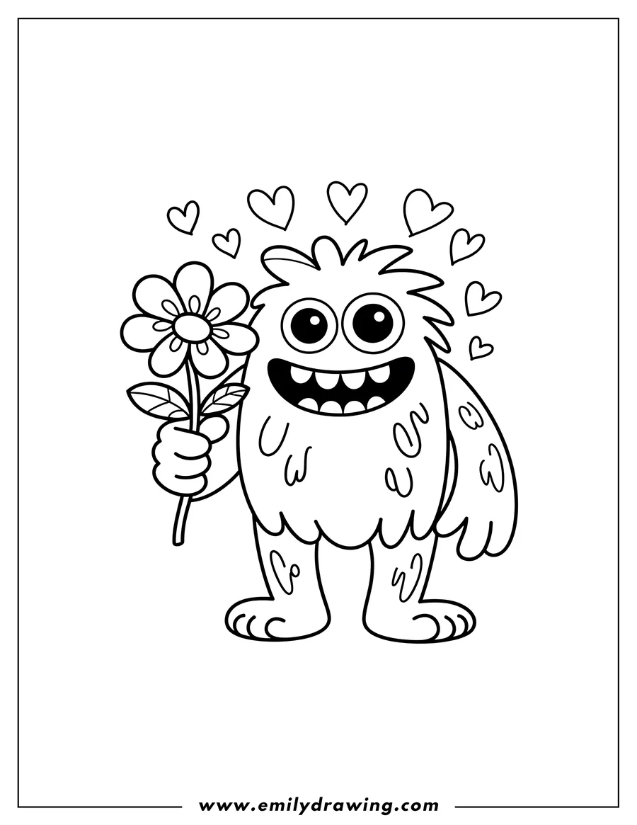 Outline of a friendly monster holding a flower with hearts floating above it.