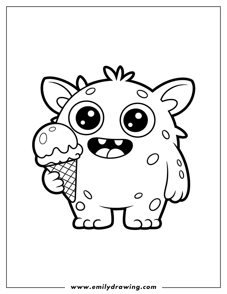 Outline of a happy monster holding an ice cream cone.
