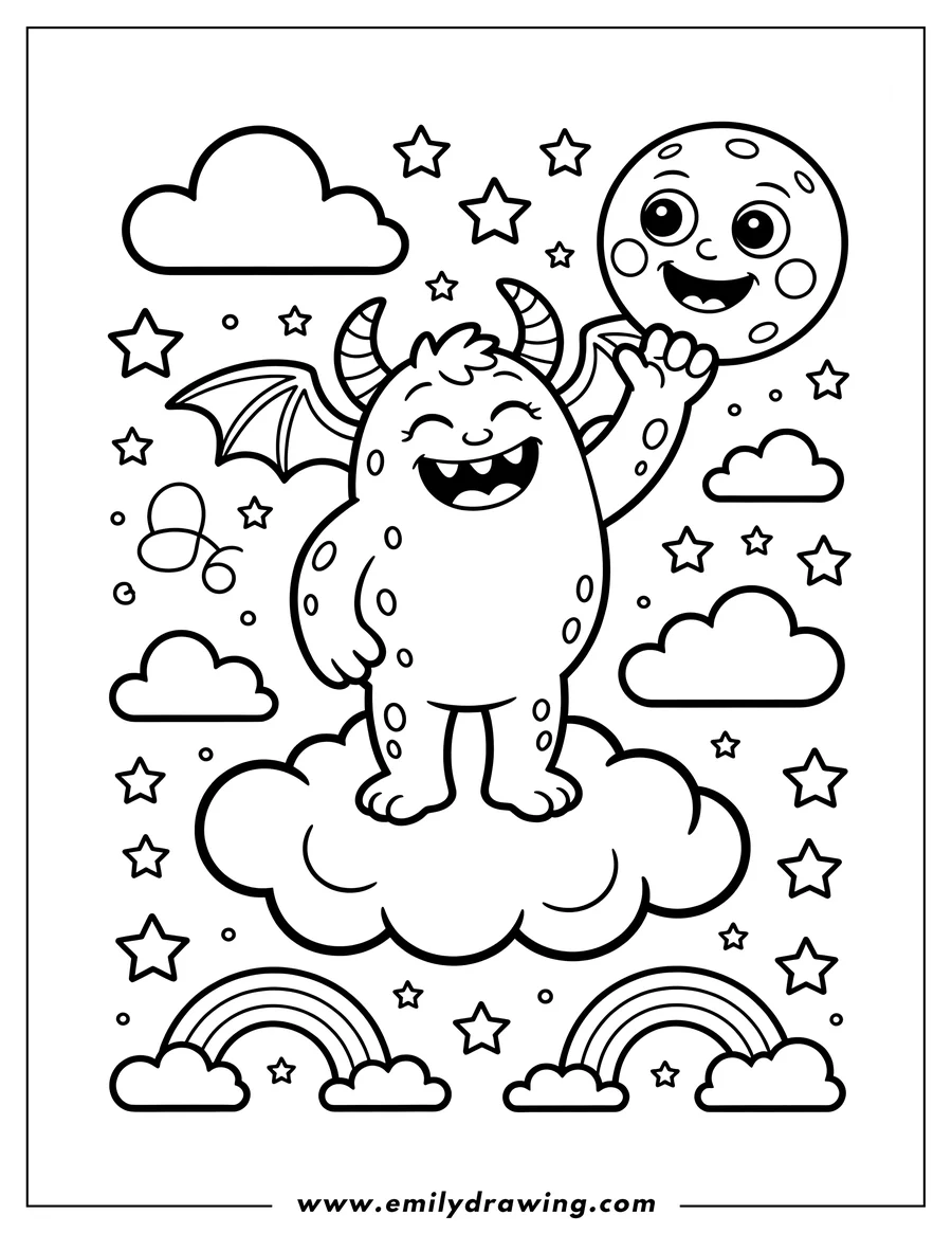 Line art of a friendly monster standing on a cloud, holding a smiling moon. Stars and rainbows decorate the background.