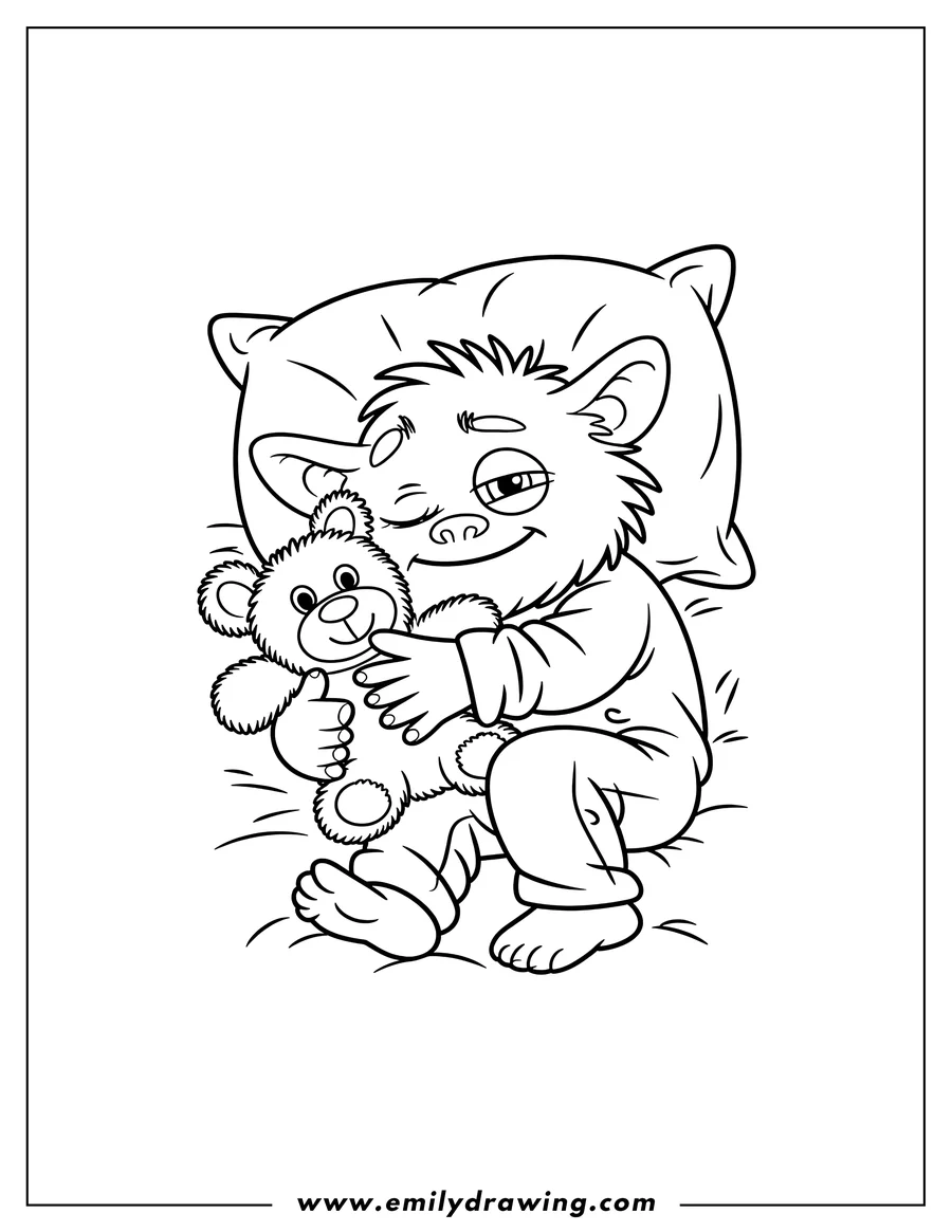 Outline of a friendly monster sitting and hugging a teddy bear, ready for bedtime.