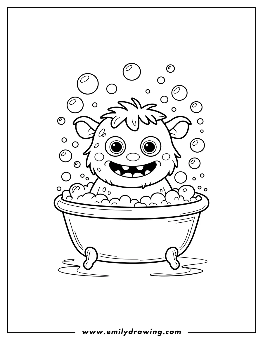 Line art of a friendly monster taking a bubble bath in a clawfoot tub.