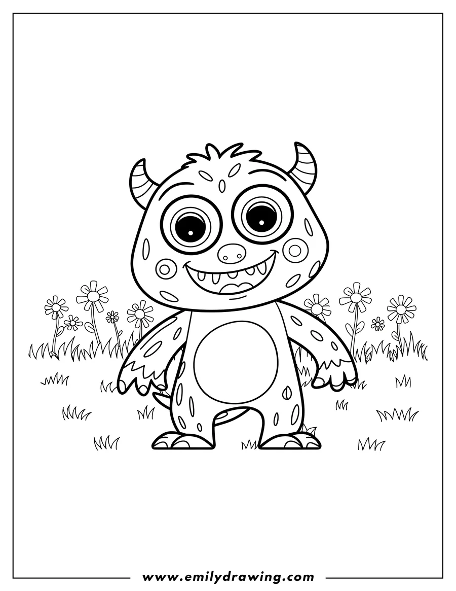 Line art of a friendly monster standing in a field with flowers and grass.