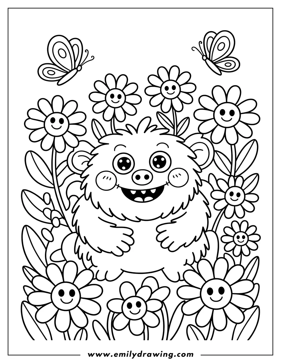 Outline of a friendly monster sitting among smiling flowers and butterflies.