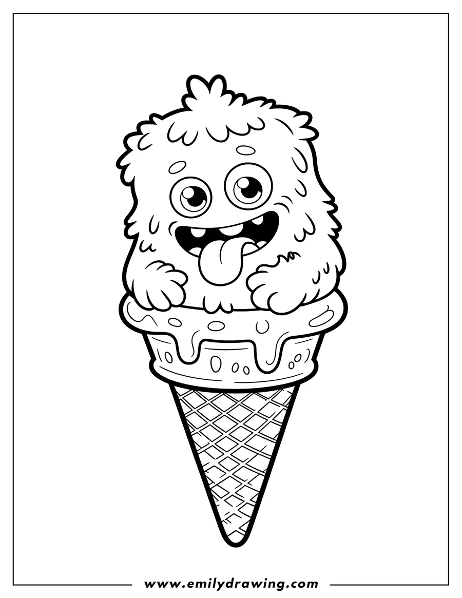 Outline of a furry monster sitting in a large ice cream cone, with its tongue sticking out.