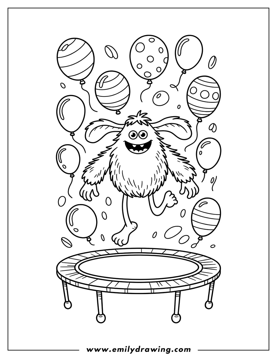 Outline of a furry monster jumping on a trampoline surrounded by balloons.