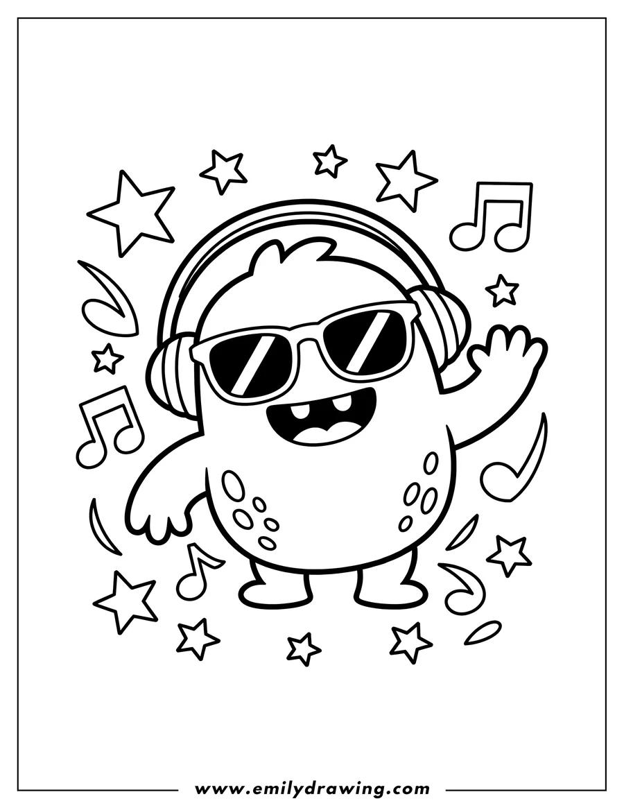 Line art of a friendly monster wearing headphones and sunglasses, waving, surrounded by musical notes and stars.