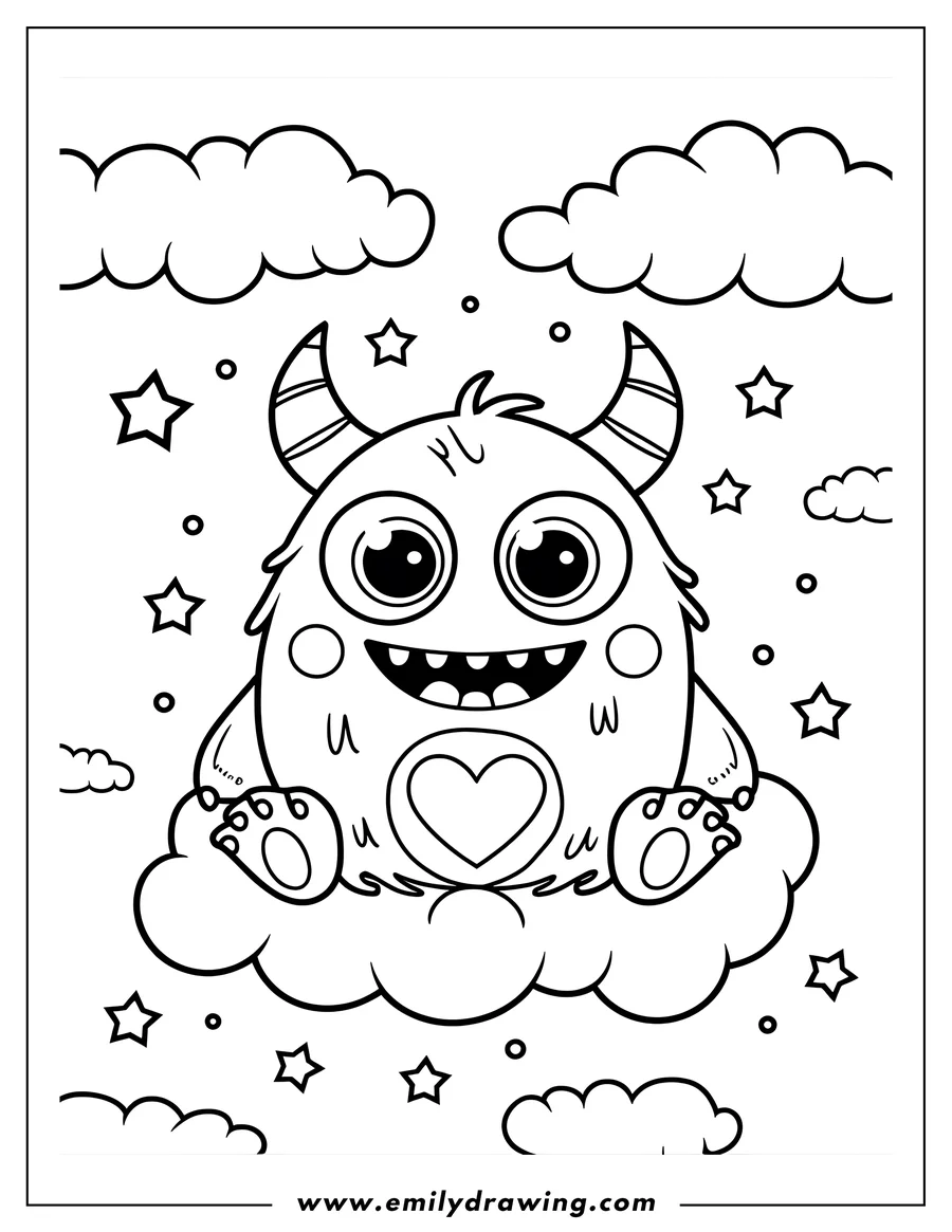 Line art of a friendly monster sitting on a cloud, surrounded by stars. The monster has large eyes, two horns with stripes, and a heart on its belly.