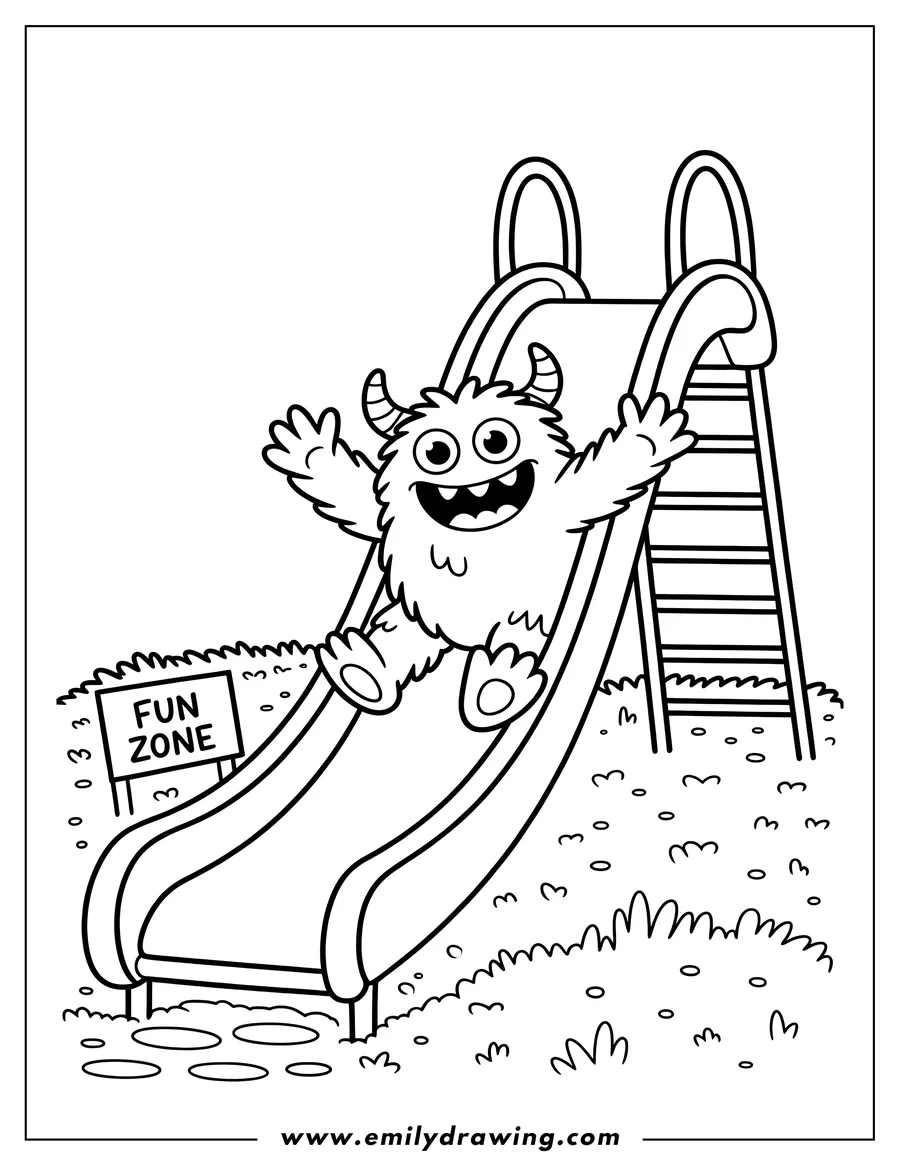 Line art of a playful monster going down a slide in a fun zone.