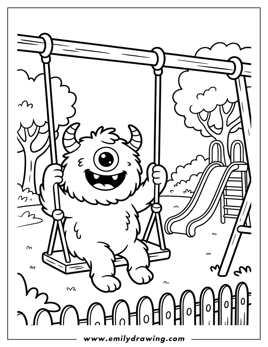 Line art of a friendly monster swinging at the playground.