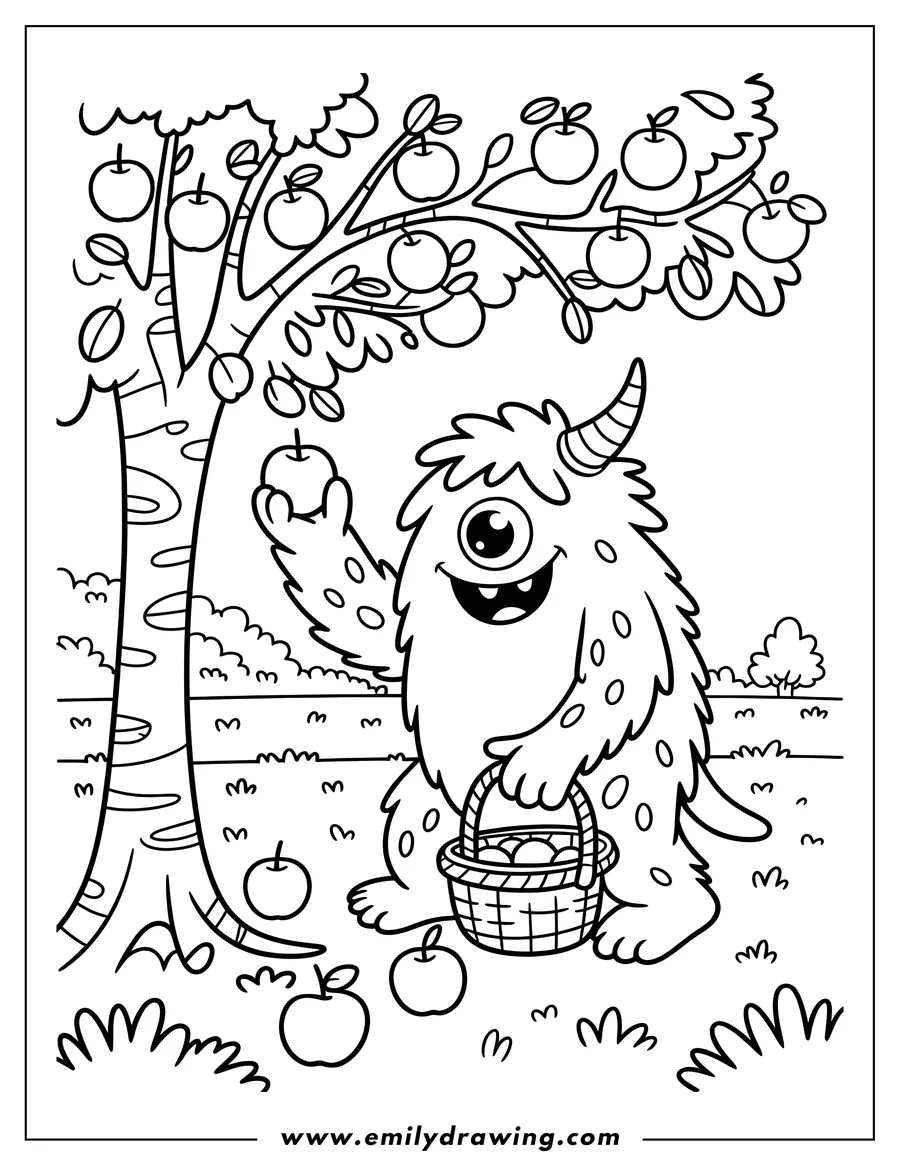 Line art of a friendly monster with one eye and a striped horn, holding a basket and reaching for an apple on a tree. Several apples have fallen on the ground around him.