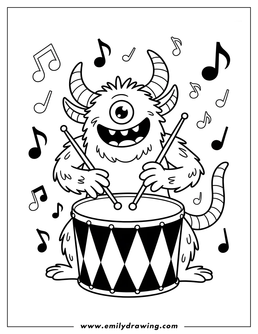 Line art of a one-eyed monster happily playing the drums, surrounded by musical notes.
