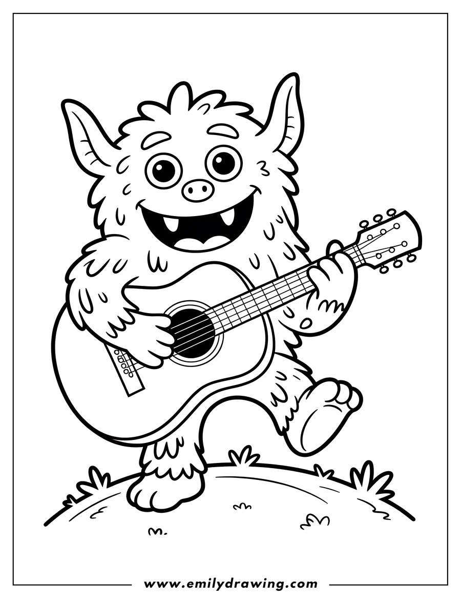 Line art of a friendly monster happily playing a guitar. He's standing on a small hill with tufts of grass.