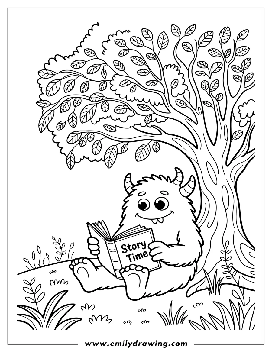 Outline of a friendly monster sitting under a tree, reading a book titled 'Story Time'.