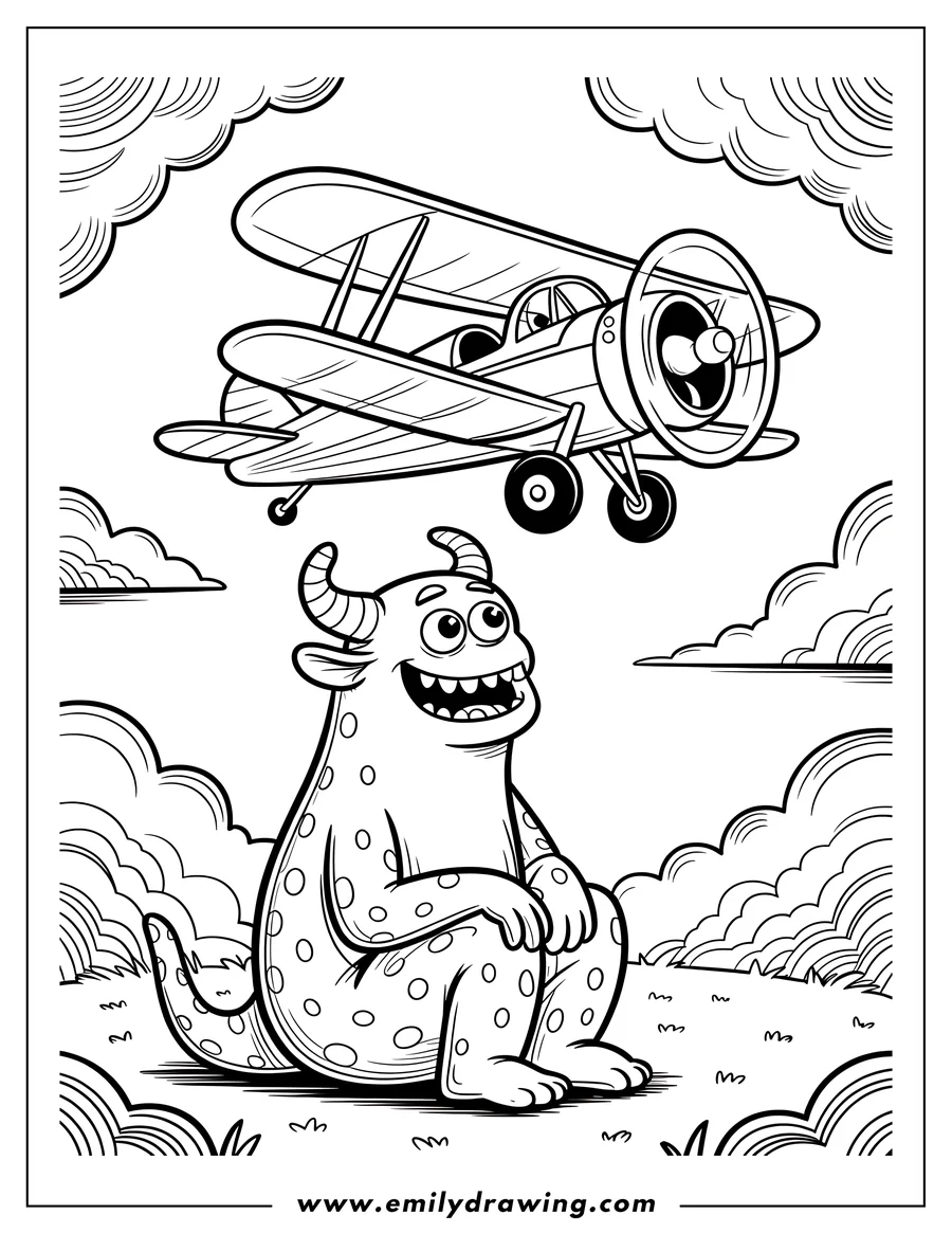 Line art of a friendly monster looking up at a biplane flying overhead.
