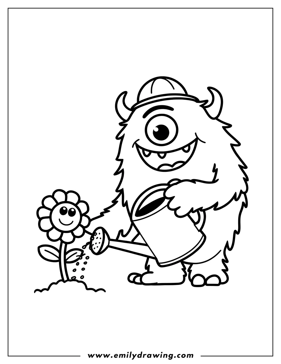 Line art of a friendly one-eyed monster watering a smiling flower with a watering can.