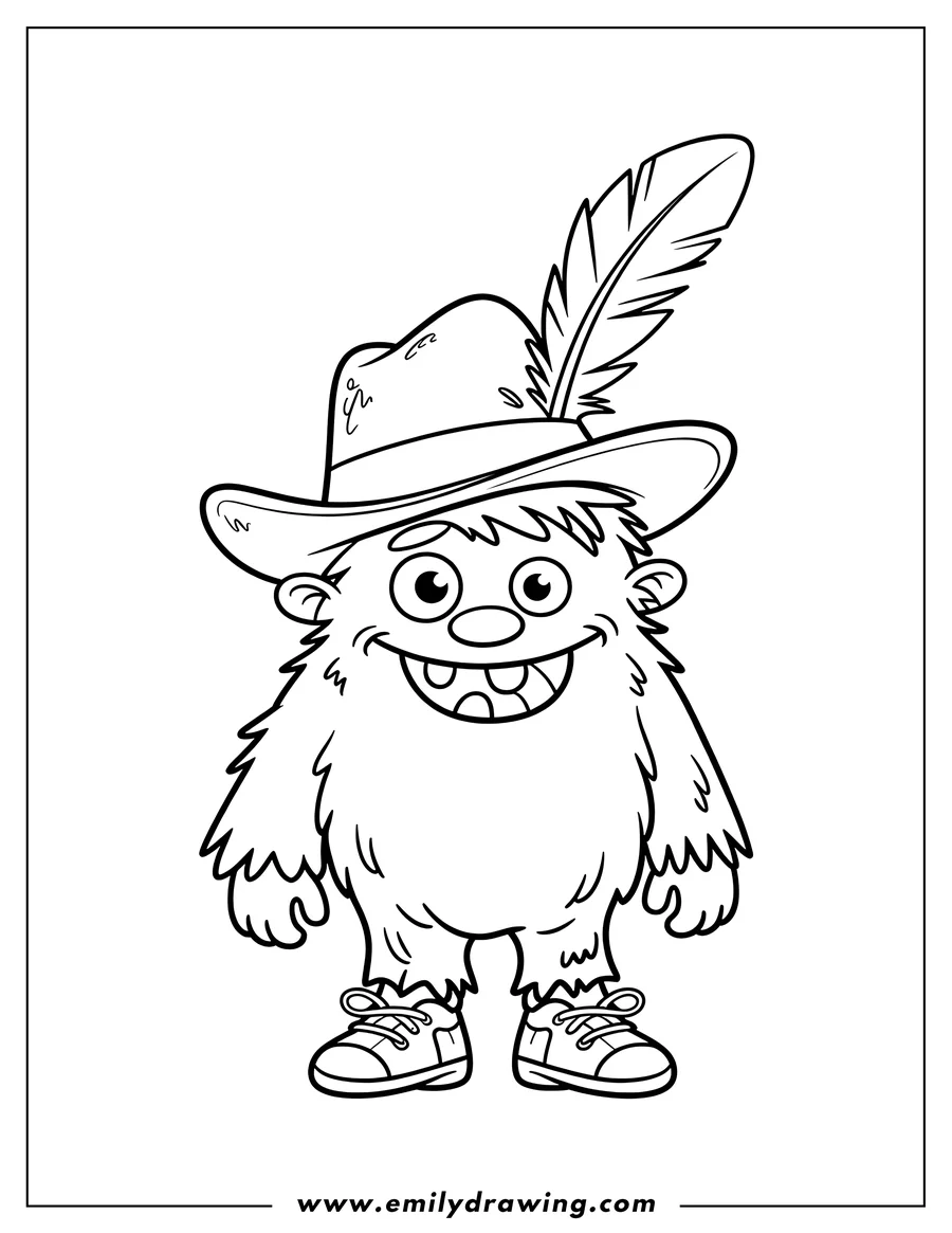 Outline of a friendly monster wearing a feathered hat and sneakers.