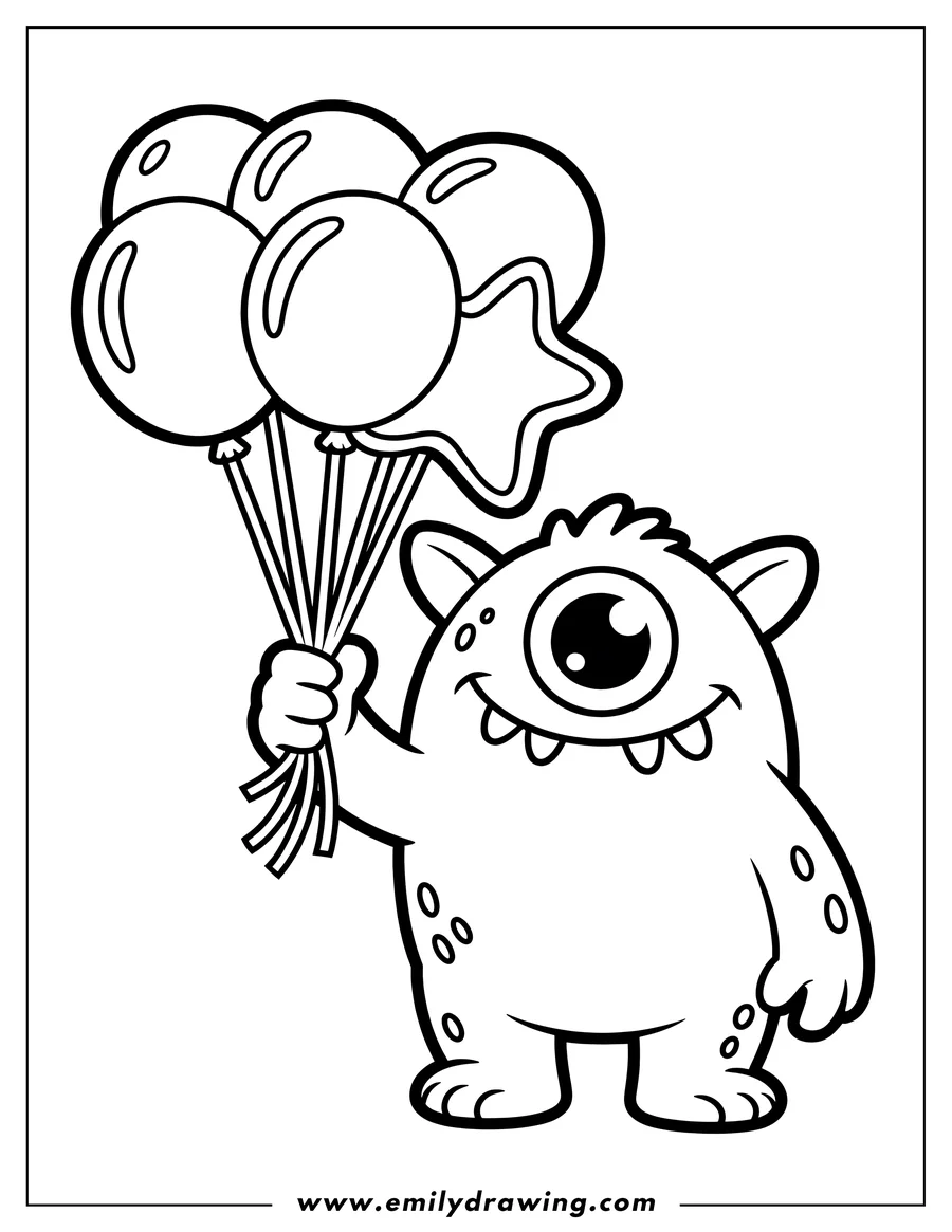 Line art of a friendly monster holding a bunch of balloons, including one star-shaped balloon.