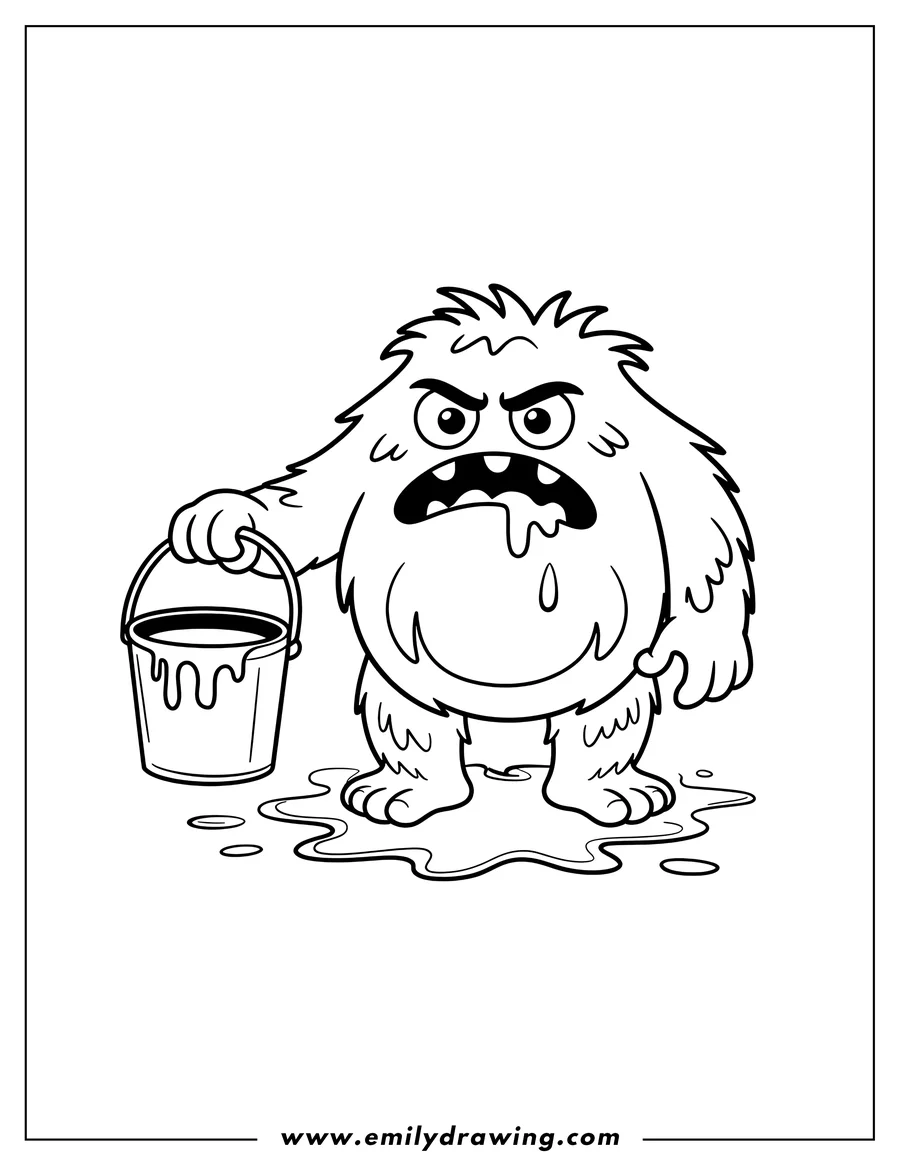 Line art of a grumpy monster holding a dripping bucket.